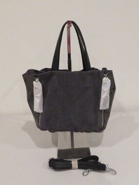 Inzi Small Gray Suede Purse Croc Embossed Panels Faux Leather Handles